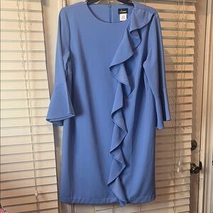 Elegant Cornflower Blue Cascade Ruffle Dress with 3/4 Sleeves